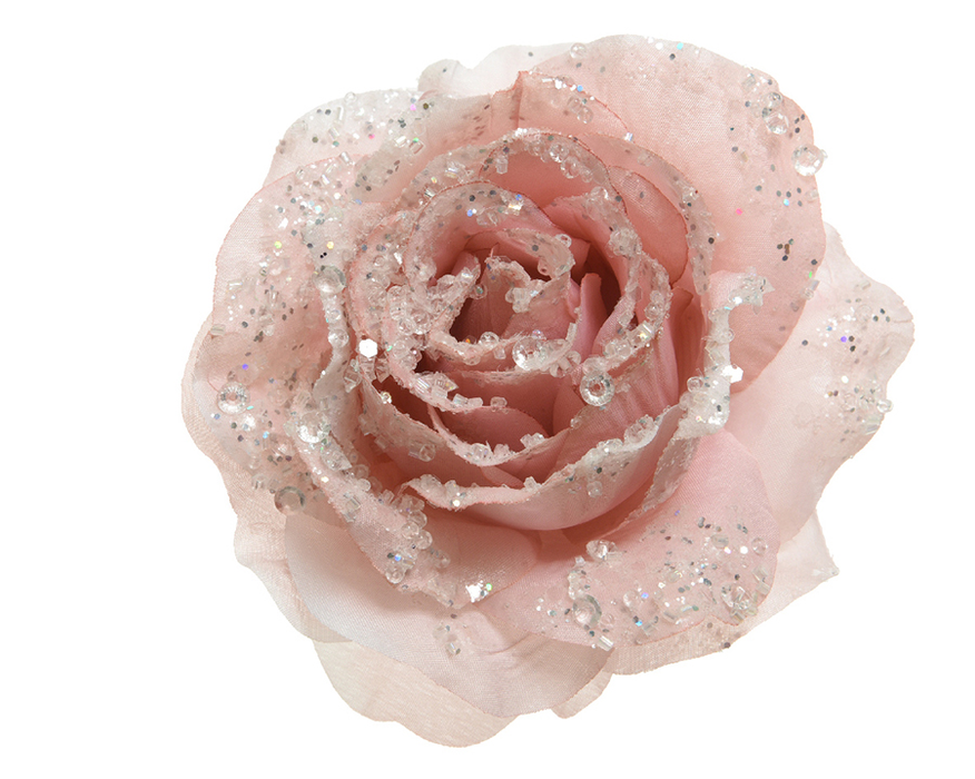 Kaemingk Rose On Clip With Glitter Pink