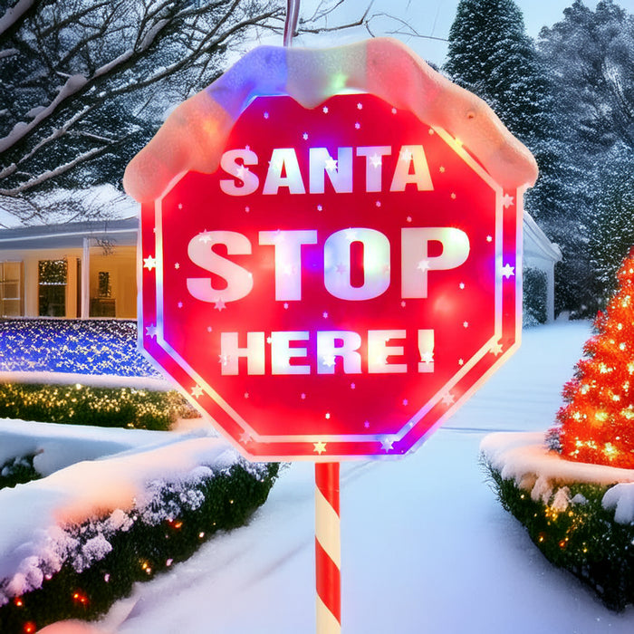 Festive Lit Santa Stop Sign w/Multi-Colour Stake