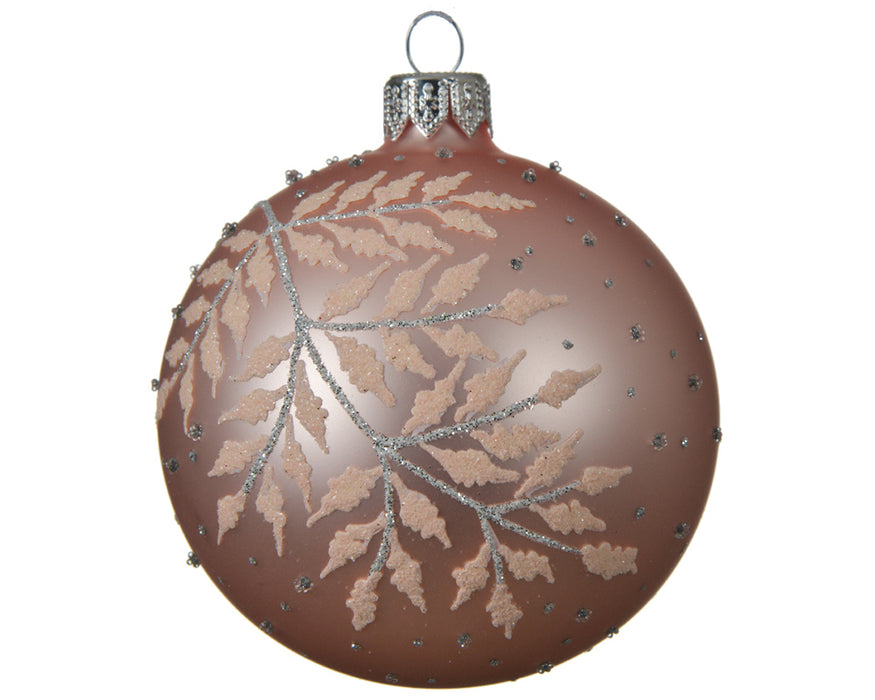 Kaemingk Glass Bauble With Fern Leaf Blush Pink