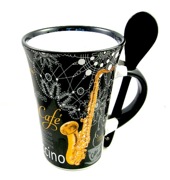 Joe Davies Cappuccino With Spoon Mug Black Saxophone