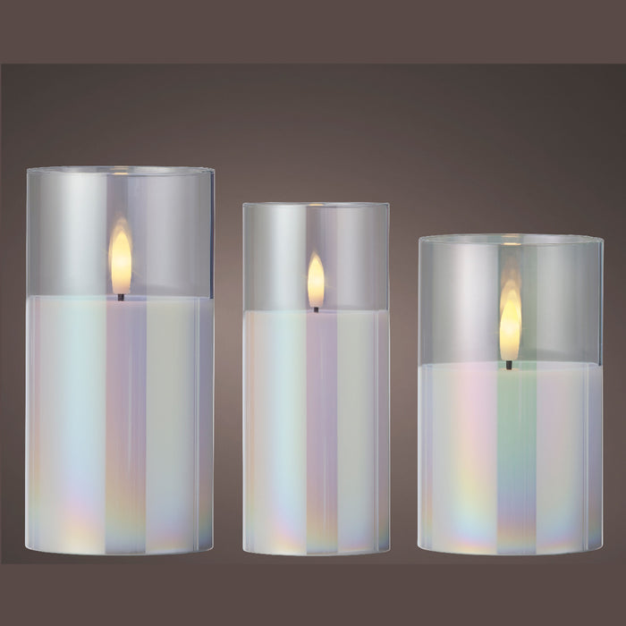 Kaemingk Led Holo Cylinder Glass Candle Wick Set Of 3