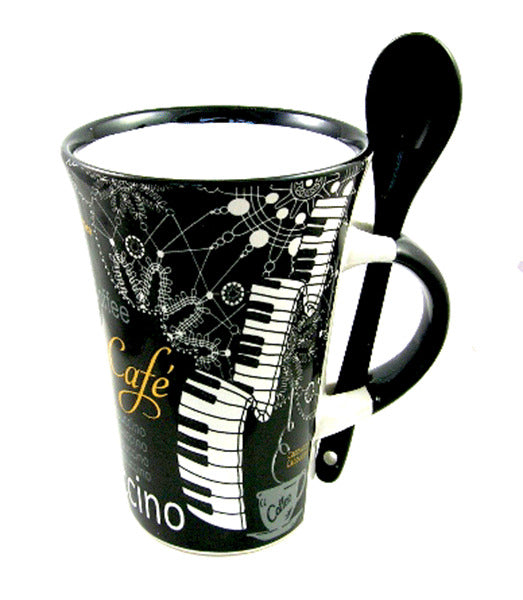 Joe Davies Cappuccino With Spoon Mug Black Piano