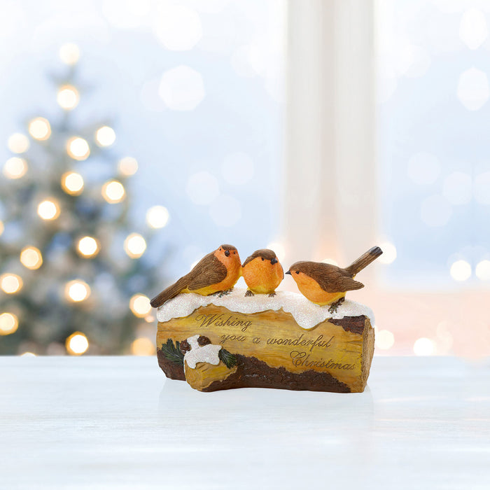 Premier  3 Robins On Log Ornament (20cm)