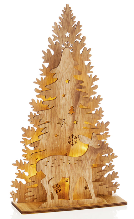 Premier 31Cm Lit Wooden Tree And Reindeer Scene